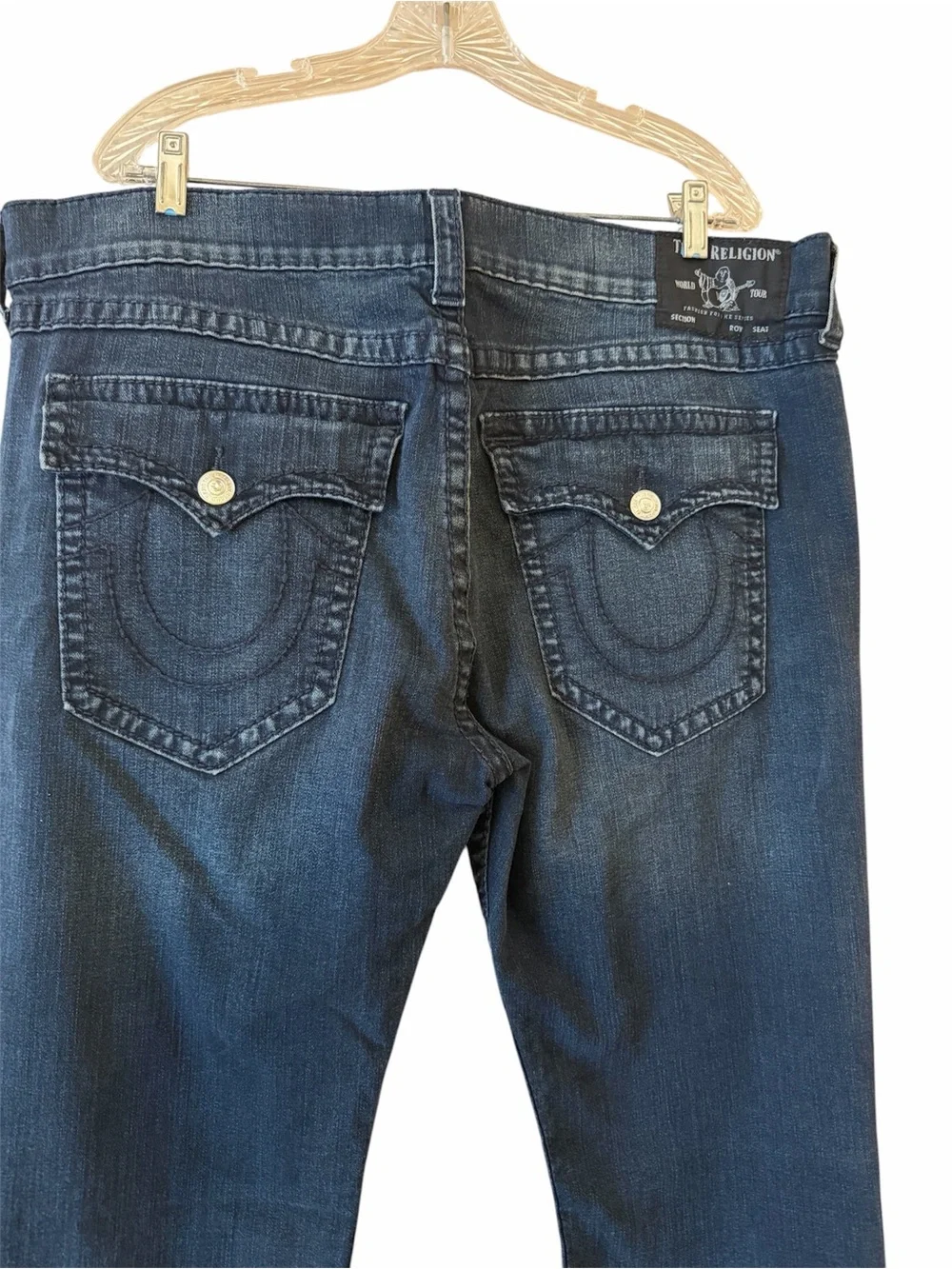True Religion Geno Flap Big T Blue Men's Relaxed Slim Jeans Size 40 Thick Stitch